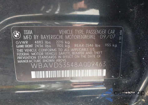 2008 BMW 335Xi z USA, uszkodzony, nr VIN WBAVD53548A009463